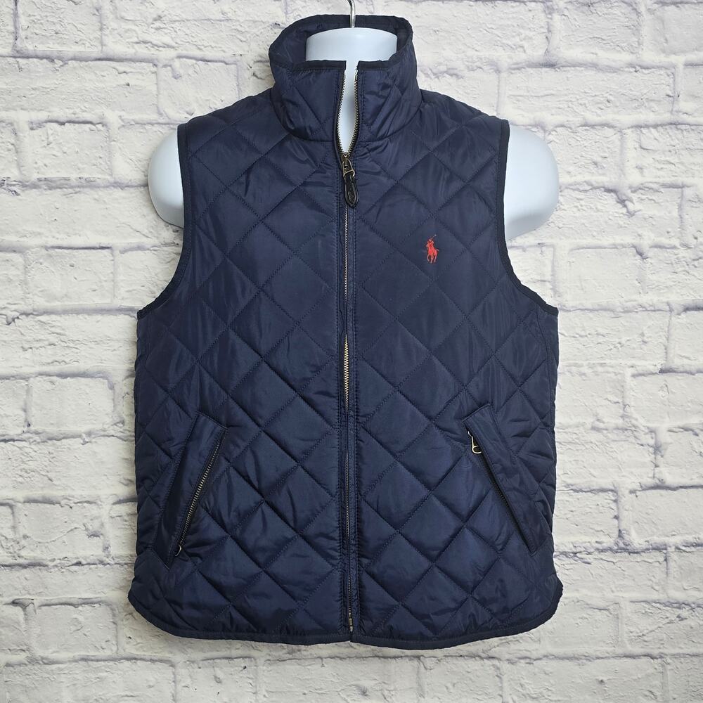 Ralph Lauren Large Navy Blue Quilted Full Zip Vest Red Embroidered Pony Logo